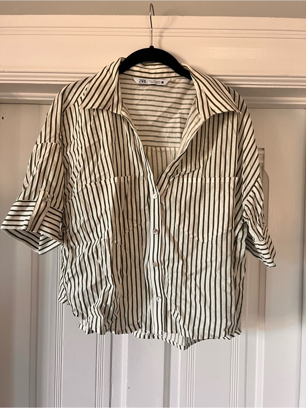 Zara Men's Short-Sleeve Striped Button-Up Shirt - Olive & White